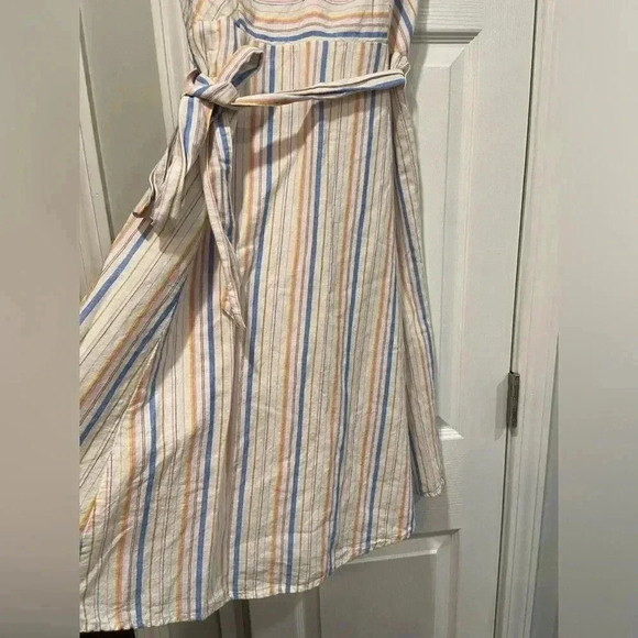 Gap Linen Cotton Striped Ruched Front Smock Back Belted Dress Size 4P - Picture 3 of 10